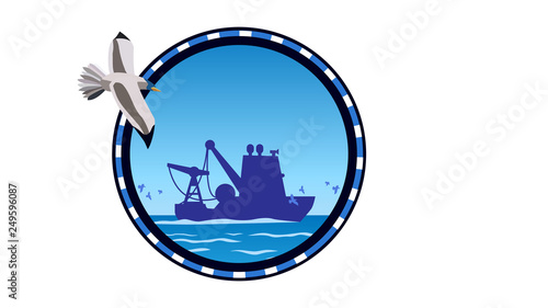 Icon wich silhouette of work ship in the open spaces of ocean, gulls follow the trawler in sea waves