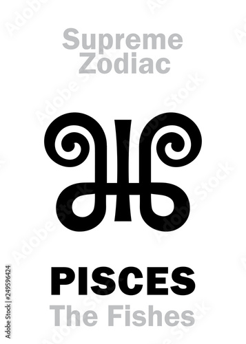 Astrology Alphabet: PISCES (The Fish / The Fishes), constellation Pisces. Sign of Supreme Zodiac (Internal circle). Hieroglyphic character (persian symbol).