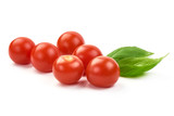 Cherry tomatoes with basil, close-up, isolated on white background
