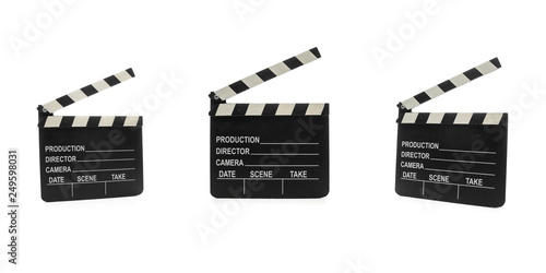 Obraz na płótnie Cinema Clapperboard, three shot in different angles on white Background w salonie