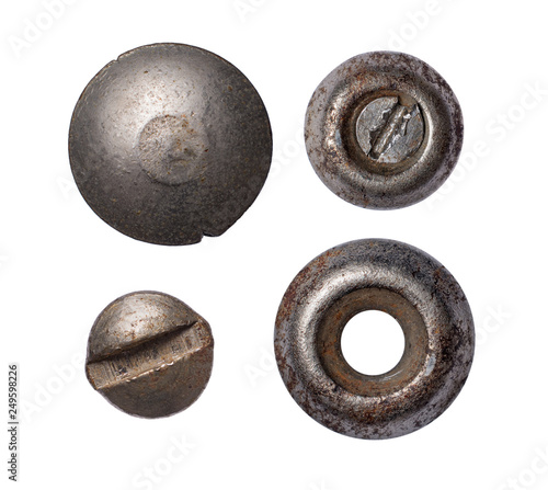 Set of old rusty metal rivet and screw heads photo