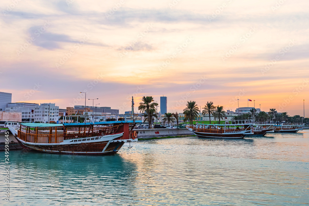 Anchored tourist dhows inb Doha harbor. Qatar.