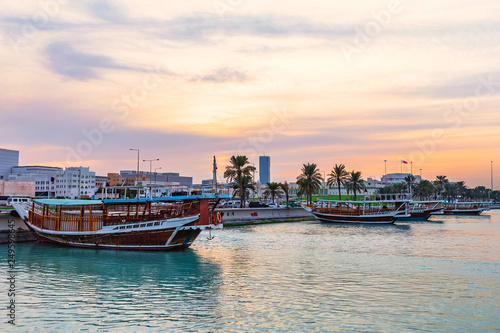 Anchored tourist dhows inb Doha harbor. Qatar.