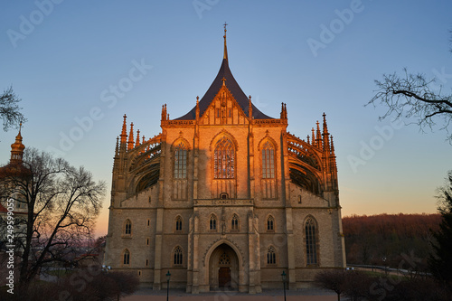 Front view on Saint Barbara church, gothic style cathedral in city Kutna Hora in Czech Republic, historic mediaeval town member of world herritage Unesco. Famous turistic