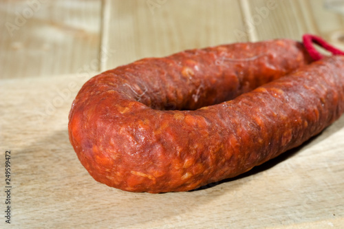 Pork cured smoked picante sausage Chorizo with smoked paprica and pepper cayenne en garlic pouder. Spanish cuisine