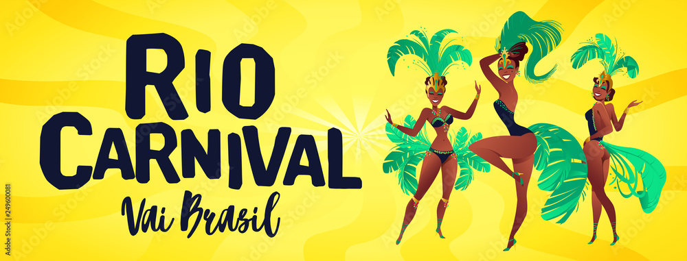 Brazilian samba banner. Carnival in Rio de Janeiro dancers wearing a festival costume is dancing. Vector illustration.