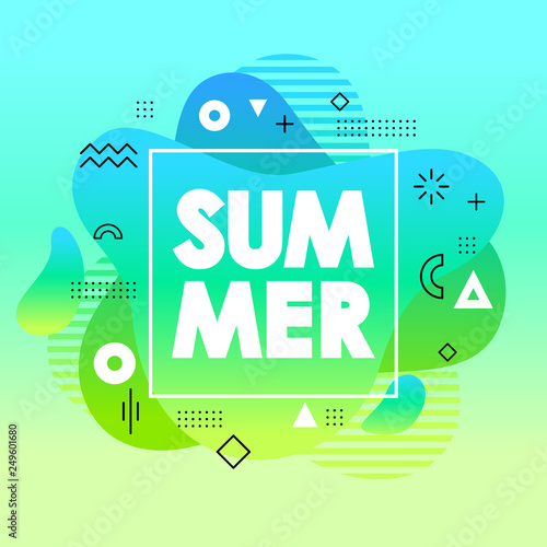 Unique summer card with blue gradient background, shape, geometric element in fluid liquid memphis style. Abstract art design poster for print,flyer,banner,show invitation,music cover, special offer