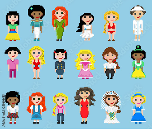 Big set of pixel female characters in different images.