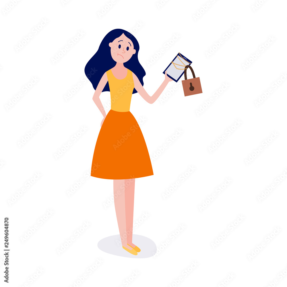 Young girl standing and holding chain-bound and locked digital tablet. Young girl standing and holding chain-bound and locked digital tablet.