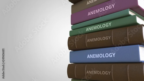 ANEMOLOGY title on the stack of books, conceptual loopable 3D animation photo