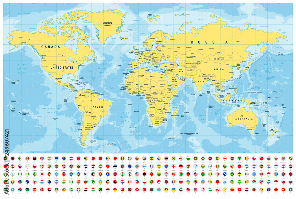 World Map and Flags - borders, countries and cities -illustration