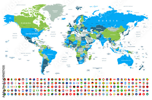 Mapa świata i flagi - granice, kraje i miasta - ilustracja