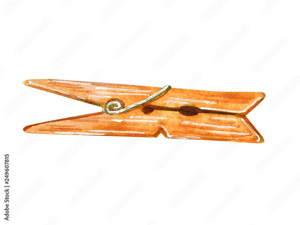 Wooden old fashioned clothespin, hand drawn watercolor illustration isolated on white