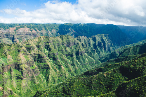Aerial voew of the typical abrupt mountain ranges in Kauai, US