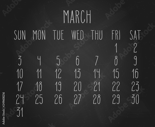 March 2019 monthly black chalkboard calendar