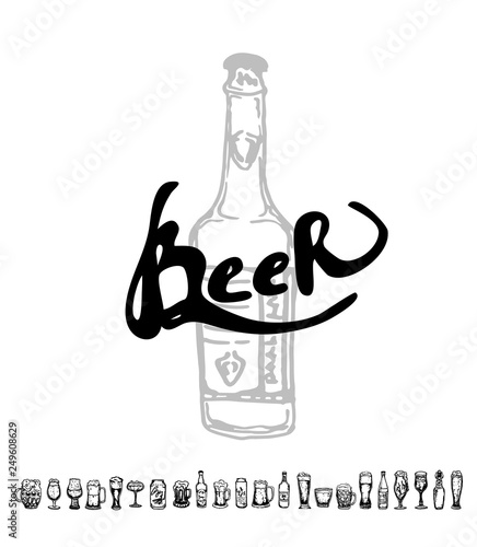 Set of beer objects. Hand drawn vector illustration. Vector set of craft beer bottles in ink hand drawn style.