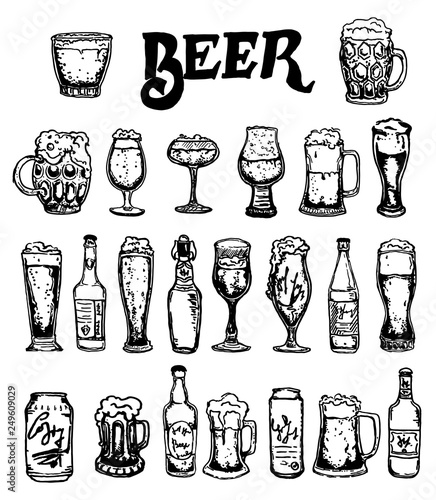 Set of beer objects. Hand drawn vector illustration. Vector set of craft beer bottles in ink hand drawn style.