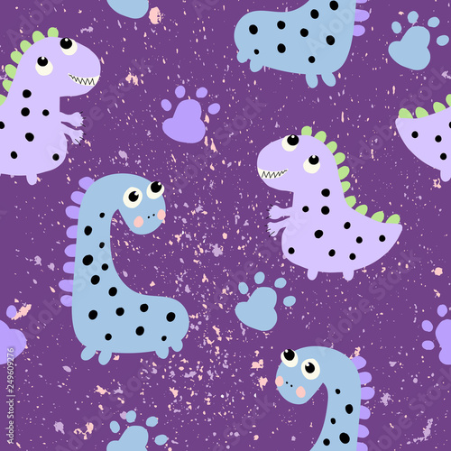 Children s seamless pattern with hand drawn dino in scandinavian style.