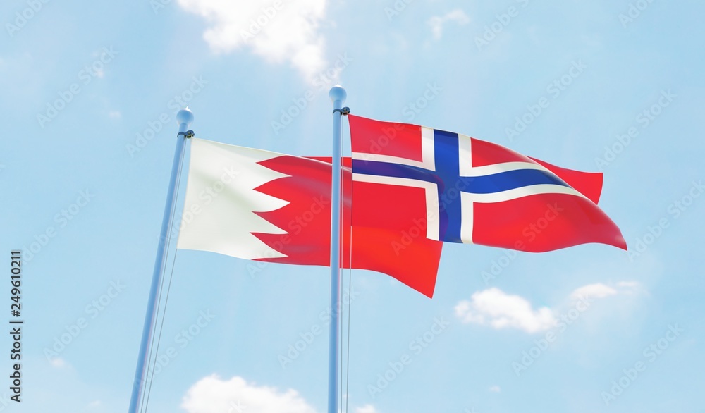 Norway and Bahrain, two flags waving against blue sky. 3d image