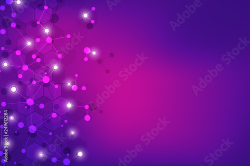Abstract background for medical, scientific and technological design. Abstract geometric texture with molecular structures and neural network. Molecules DNA and genetic research.