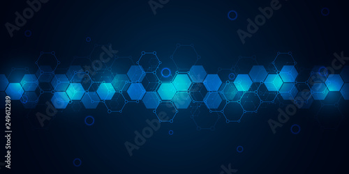 Science and technology background with hexagons pattern. Hi-tech background of molecular structures and chemical engineering.