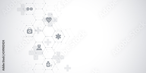 Healthcare medical and science background with icons and symbols. Innovation technology concept.