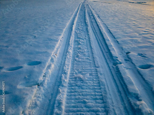 The Walk on a snowmobile through the snowdrifts of a distant forest.