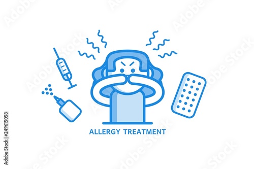 Allergy treatment concept with young woman having allergic rhinitis and various medicines around her.
