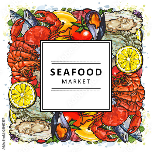 Vector illustration of seafood market banner with different colorful delicacy marine animals.