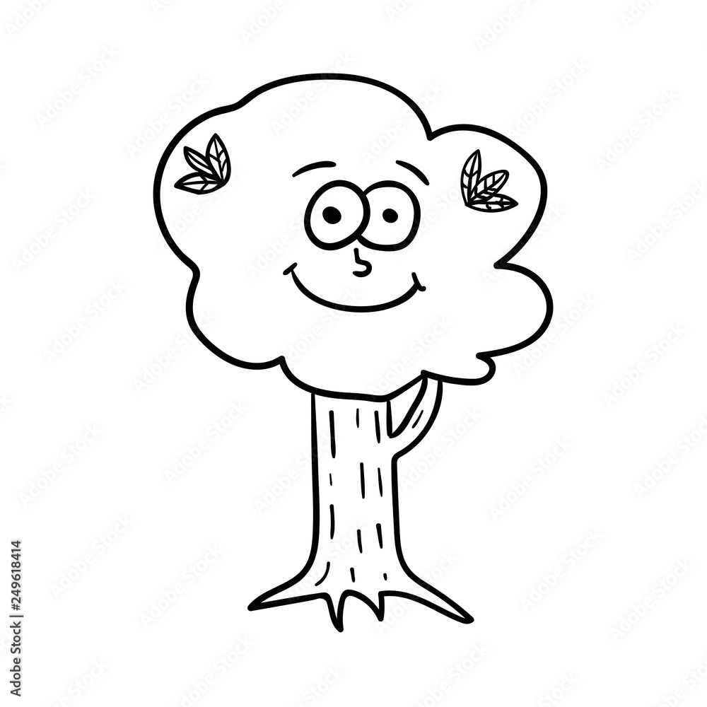 Cartoon doodle linear happy tree isolated on white background. Vector illustration. Cartoon doodle linear happy tree isolated on white background. Vector illustration.
