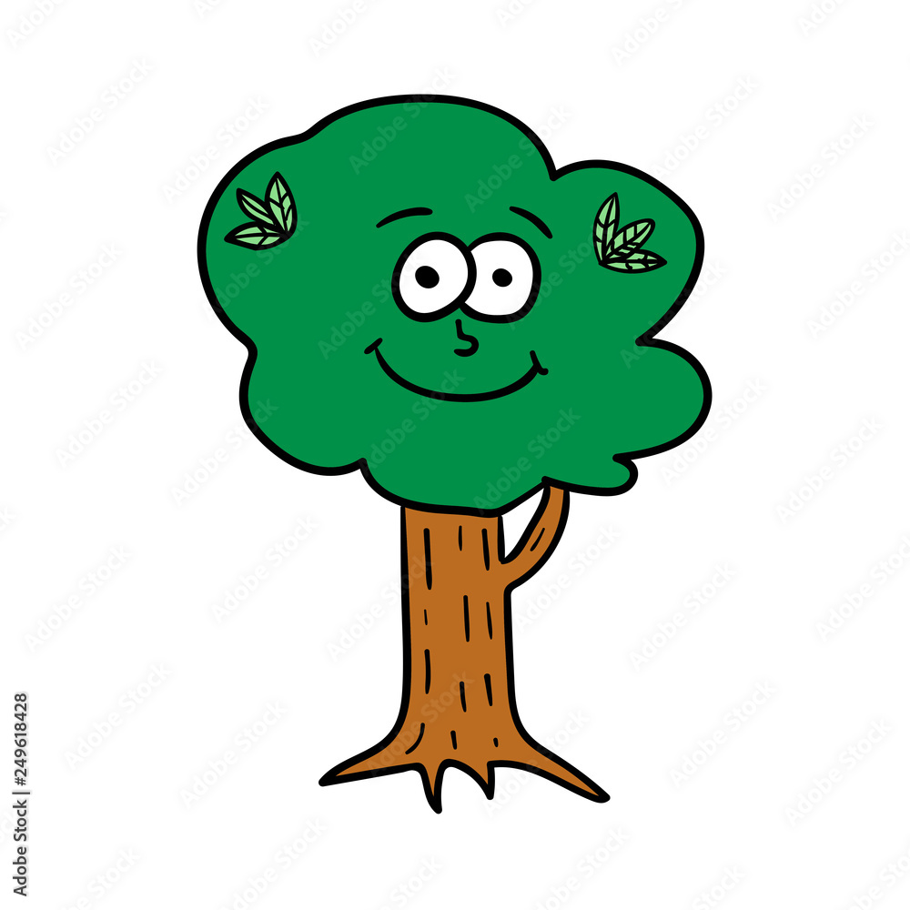 Fototapeta premium Cartoon doodle linear happy tree isolated on white background. Vector illustration.