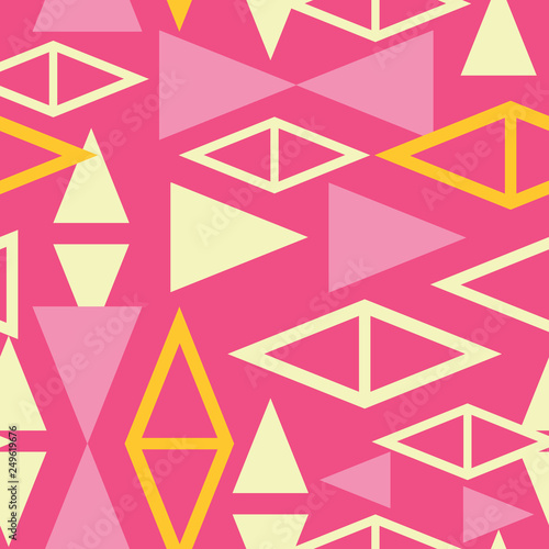 Lively, colorful geometric seamless pattern with an atomic mid century modern vibe. Bold repeat vector design in hot pink, orange, light yellow. Eye catching design for textiles, fashion and decor.