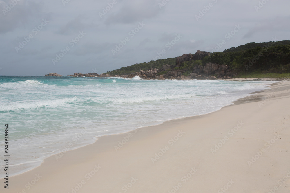 Panorama of coastline at La Dique island, Seychelles