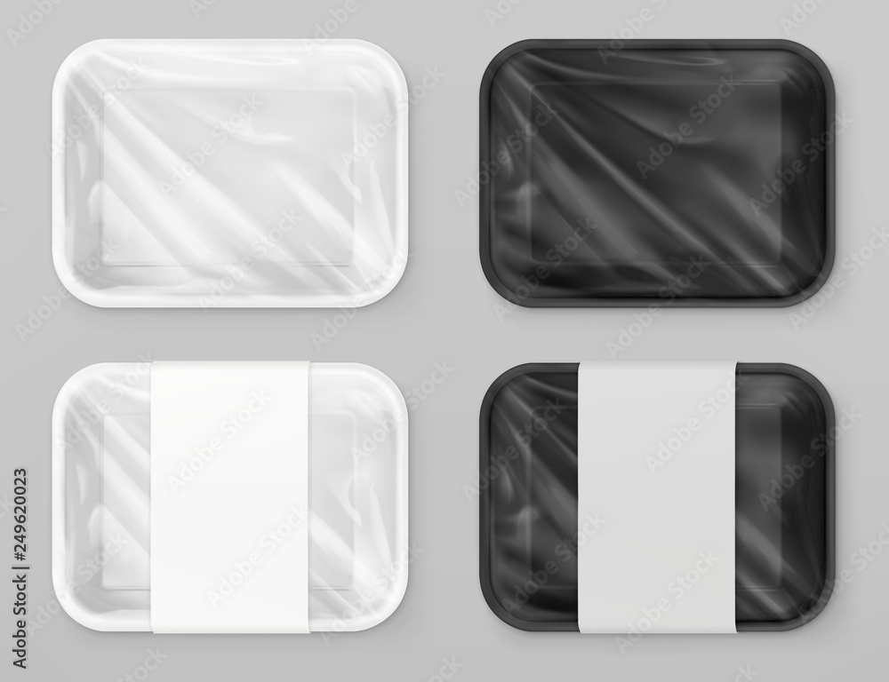 Food polystyrene packaging, White and black. 3d vector realostic mockup - obrazy, fototapety, plakaty 