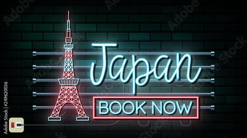 Japan Travel And Journey neon light background. Vector Design Template.used for your advertisement, book, banner, template, travel business or presentation.