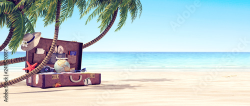 Canvas Print Getting ready for summer holidays - Leather suitcase under a palm tree 3D Render