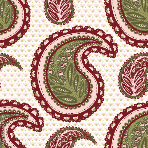 Hand drawn arabesque floral paisley damask illustration. Seamless vector pattern all over print. Traditional persian indian flower foulard drop motif. Decorative stylized shawl fashion, home decor.