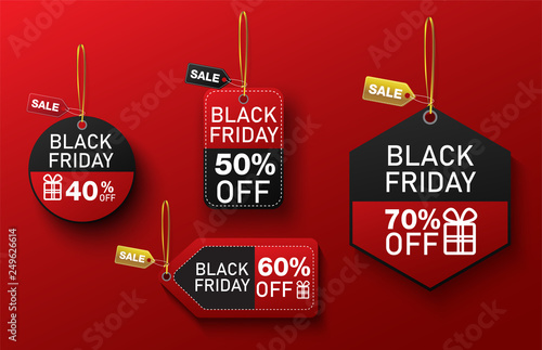 black friday shopping sale label on red background. photo