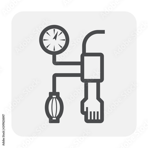 Blood pressure monitor vector icon may called sphygmomanometer consist of arm, gauge meter, inflator. Device or equipment for patient, doctor to test check heart rate and control hypertension.