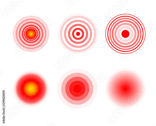 Isolated bold vector red ring from thin to thick. Pain circles. Symbol throbbing pain. Vector illustration on transparent background. Design element set.