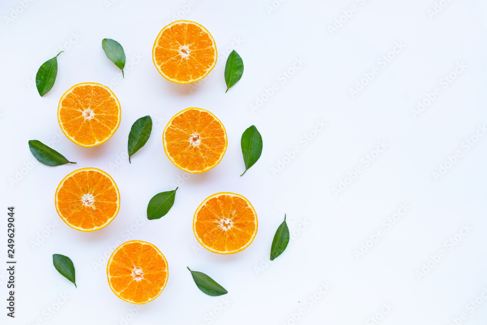 High vitamin C, Orange fruits with leaves on white background. High vitamin C, Orange fruits with leaves on white background.
