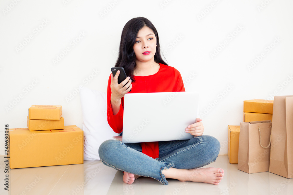 Portrait of pretty Asian girl in online shopping and e-commerce concept. Portrait of pretty Asian girl in online shopping and e-commerce concept.