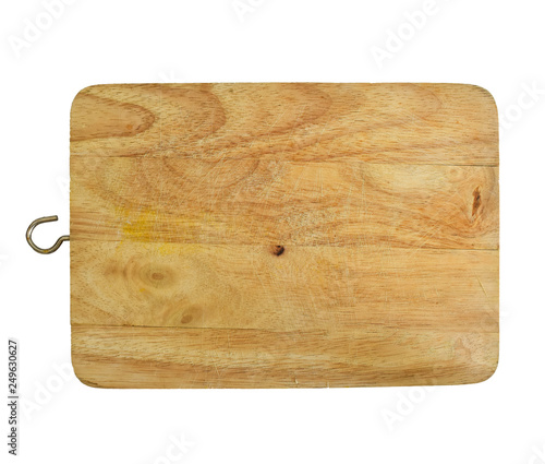 Rustic wooden cutting board isolated on white background