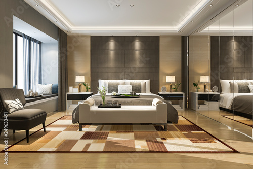 3d rendering beautiful luxury bedroom suite in hotel with mirror wardrobe