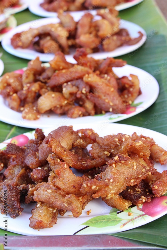Fried pork with garlic in street food Fried pork with garlic in street food