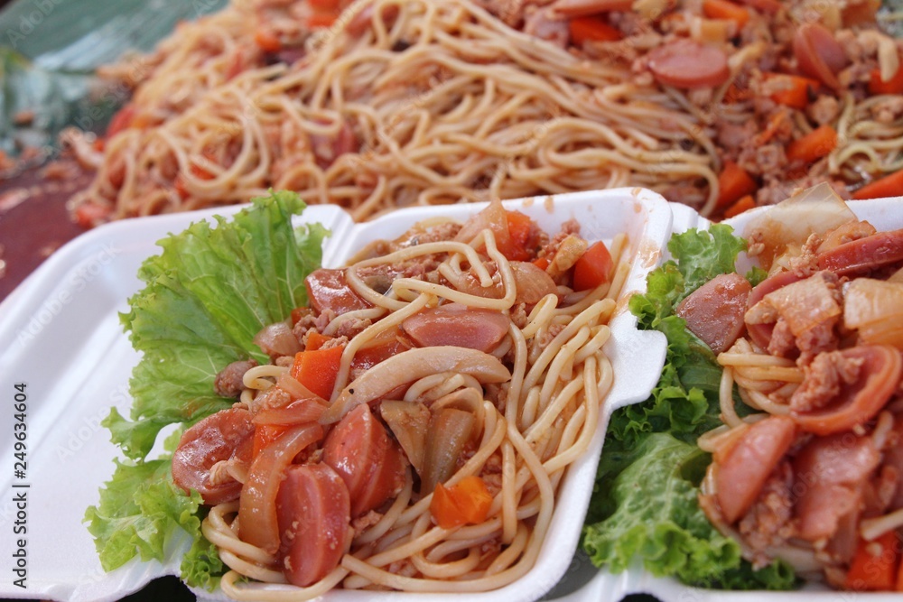 Spaghetti with pork delicious at street food Spaghetti with pork delicious at street food