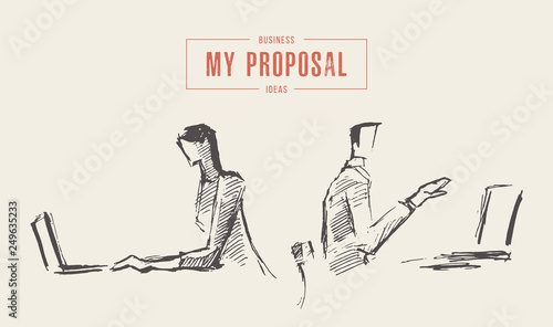 Vector office workers sitting laptops job sketch