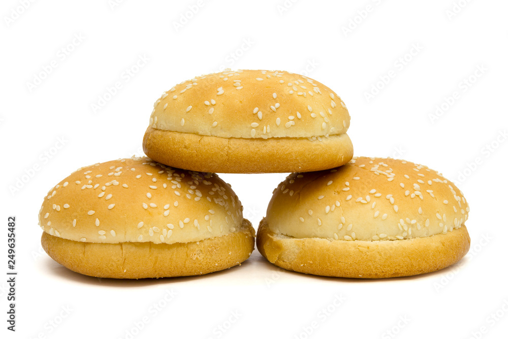 hamburger bread forming pyramid at eye level. isolated on white background