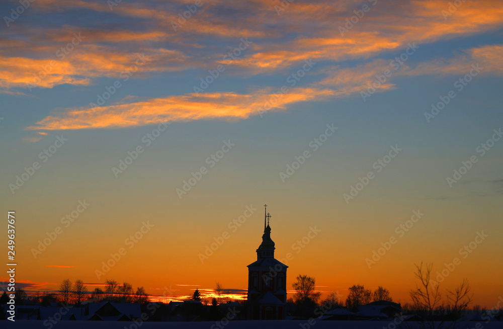 Beautiful sunset photo in the winter in the Russian city of Suzdal