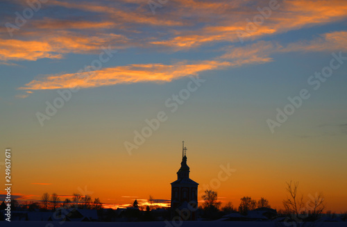Beautiful sunset photo in the winter in the Russian city of Suzdal